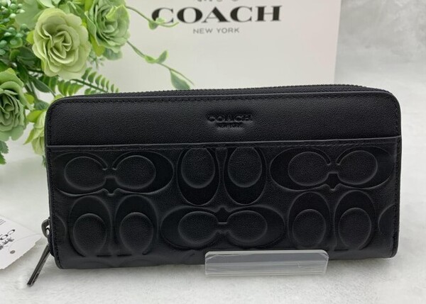 COACH コーチ 財布 長財布 メンズ アウトレット エンボスド シグネチャー アコーディオン ラウンドファスナー ブラック F74999 A242