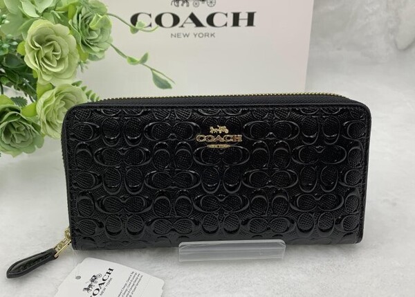 COACH コーチ 長財布 財布 ラウンドファスナー ラグジュアリー デボスド パテント アコーディオン アラウンド アウトレット F54805 A230