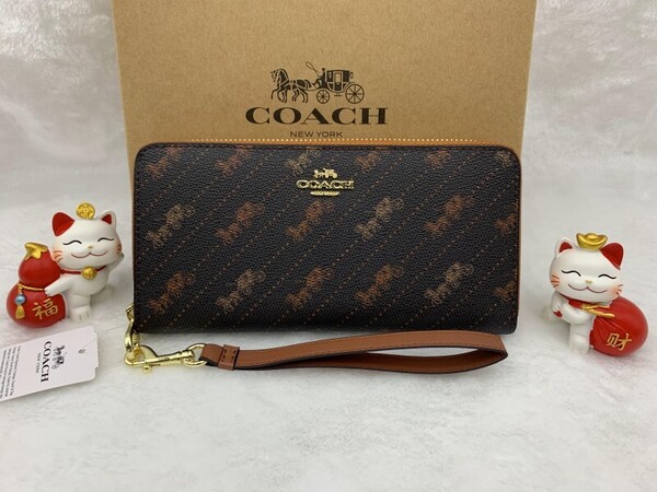 COACH 長財布 コーチ 財布 ホース アンド キャリッジ ロング ジップ ウォレット ストラップ付き レザー 総柄 ブラウン 送料無料 C3547 A291