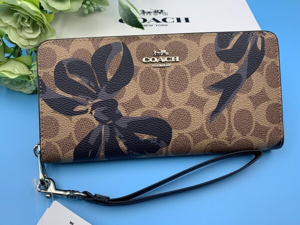 コーチ 長財布 COACH ラウンドファスナー シグネチャー キャンバス リボンプリント ウォレット アウトレット ストラップ付き CZ326 C368