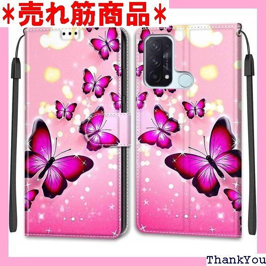 KENHONER OPPO Reno5 A ケース 手 耐久性 耐摩擦 マグネット式 レザー カバー ピンクの蝶 194