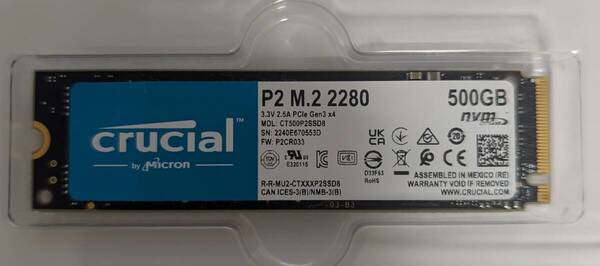 【1175時間】送料無料!★Crucial P2 SSD 500GB★NVMe PCIe3.0×4★M.2 Type 2280★正常動作確認済み