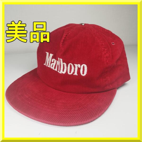 マルボロ コーデュロイ キャップ 赤 美品 タバコ Snapback Corduroy 帽子 Hat Marlboro レッド 90s ビンテージ ハット 古着 ye966