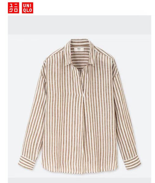 美品 UNIQLO プレミアムリネンストライプスキッパーシャツ(長袖)Mサイズ ベージュ 麻 Vネック