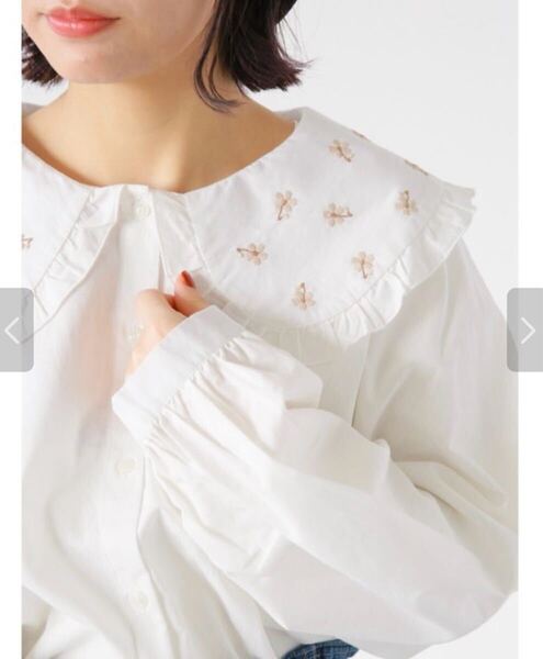 美品 ehka sopo★刺繍付きフリル襟シャツ 白 ホワイト ブラウス フリーサイズ花柄刺繍ビッグカラー