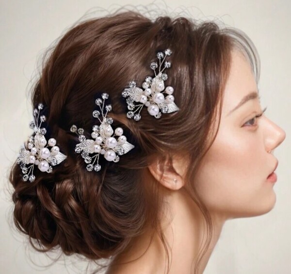 キラキラ三つ葉ラインストーン髪飾り3本セット結婚式ウエディングパーティーヘアピンUピン浴衣かんざし着物七五三成人式