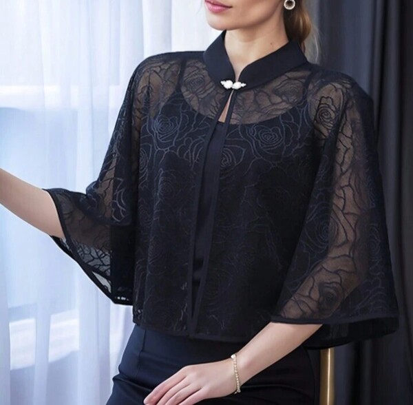 結婚式パーティーフォーマル総レースドレスシフォンケープショールストール肩掛け黒ブラック