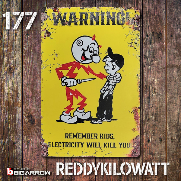 177 ブリキ看板 20×30㎝ レディキロワット REDDYKILOWATT 感電注意 ガレージ メタルプレート アメリカンインテリア 世田谷ベース
