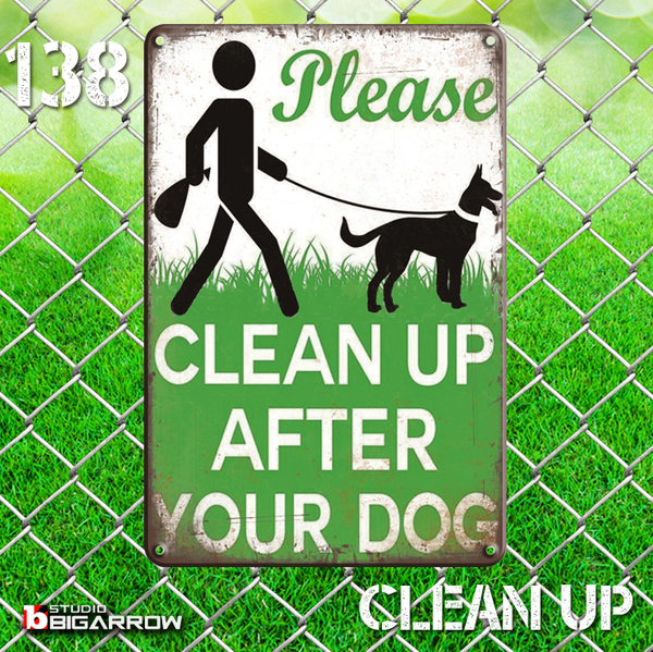 138 ブリキ看板 20×30㎝ CLEAN UP AFTER YOUR DOG お散歩マナー ガレージ メタルプレート アメリカンインテリア USフェンス 世田谷ベース