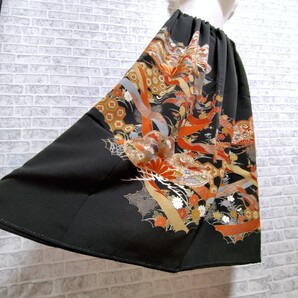 花 黒留袖*ゴムスカート*着物リメイク ハンドメイド . ロングスカート