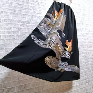 鳥さん♪総刺繍 黒留袖*ゴムスカート*着物リメイク ハンドメイド ロングスカート マキシスカート