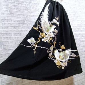 鳥さん♪総刺繍 黒留袖*ゴムスカート*着物リメイク ハンドメイド ロングスカート 豪華 マキシスカート