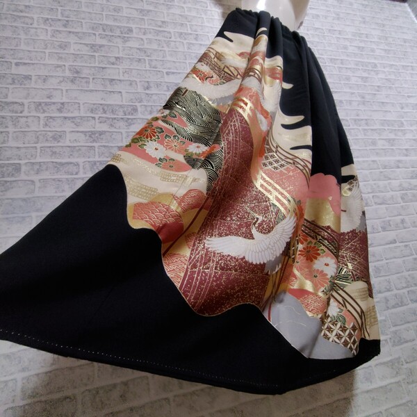 花*黒留袖 ゴムスカート ハンドメイド 着物リメイク ロングスカート 豪華 ゆったりの方も