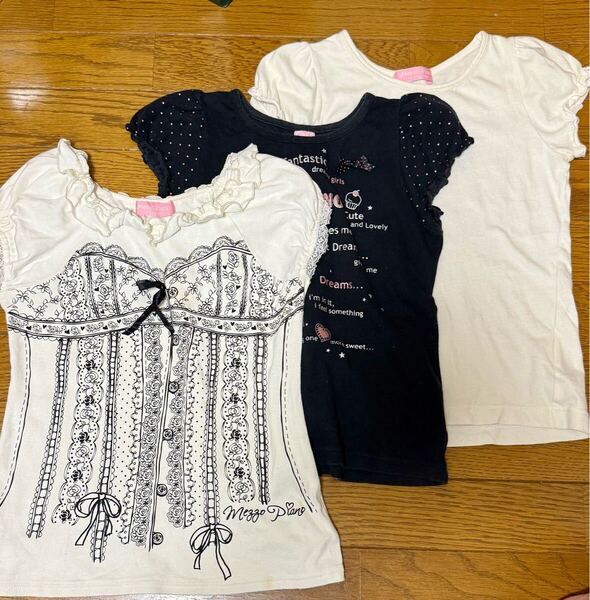 【送料無料】mezzo piano Tシャツ チュニック 3枚セット 140cm 女の子 白系2枚+黒系1枚 春夏向け