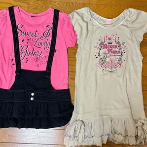 【送料無料】mezzo piano 160サイズ ワンピース&サスペンダー風セットアップ 2点セット|リボン&フリルで女の子らしさ満点♪