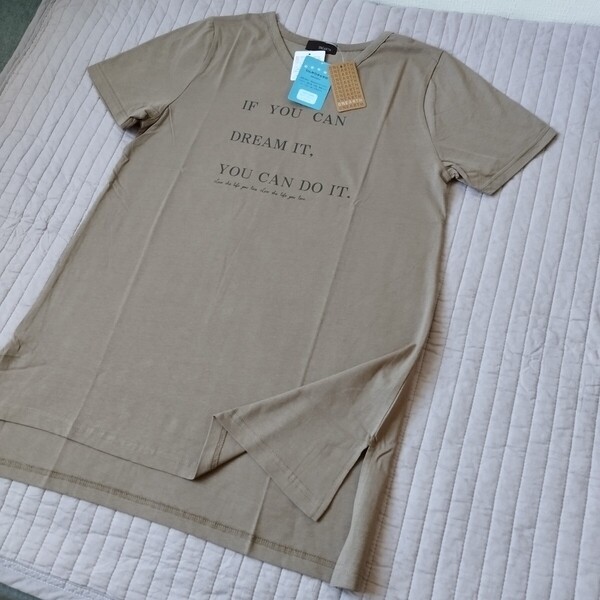 未使用 vネック 半袖 Tシャツ ロング丈 チュニック 綿100 大きい LL 洗濯機洗 モカ ロゴ 接触冷感 uvカット /色柄違い出品中 匿名 送料無料