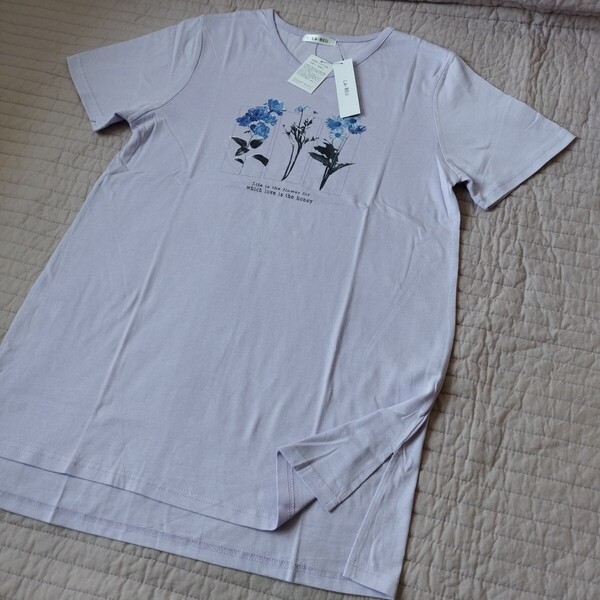 未使用 vネック 半袖 Tシャツ ロング丈 チュニック 綿100 LL 洗濯機洗い ラベンダー 花 uvカット 接触冷感 ●色柄違い出品中 匿名 送料無料