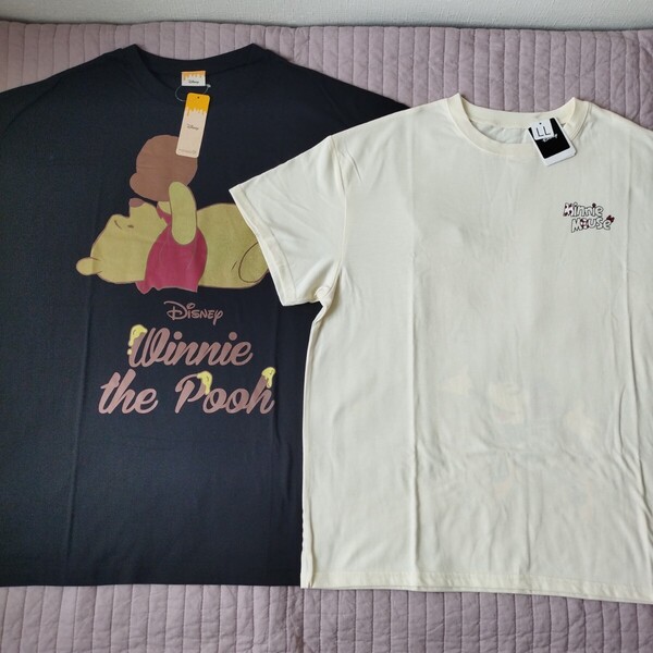 まとめ 2点 セット 未使用 Disney 半袖 Tシャツ くまのプーさん 黒 F ロング丈 & ミニー ミニーマウス LL 男女兼用 cream 匿名 送料無料