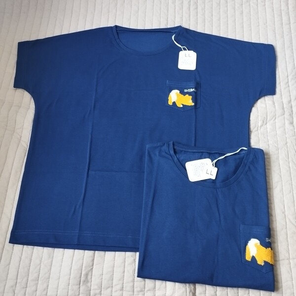 まとめ 2枚 セット 未使用 動物 柴犬 もこもこ 刺繍 Tシャツ 半袖 大きい LL 青 洗濯機洗 胸ポケット ポケット 犬 ブルー 匿名 送料無料