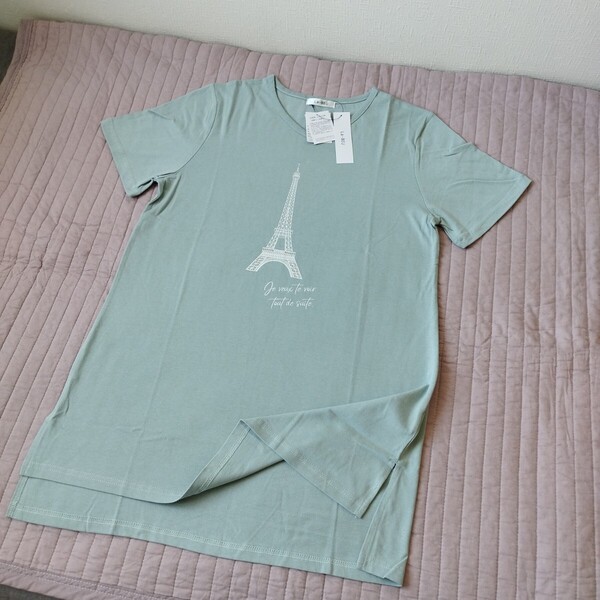 未使用 vネック 半袖 Tシャツ ロング丈 チュニック 綿100 大きい LL 洗濯機洗 ミント 接触冷感 uvカット ●色柄違い出品中 匿名 送料無料
