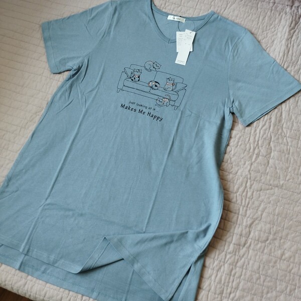 未使用 vネック 半袖 Tシャツ ロング丈 チュニック 綿100 LL 洗濯機洗い 青 ネコ uvカット 接触冷感 ●色柄違い出品中 匿名 送料無料