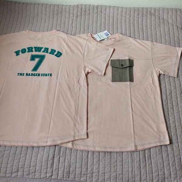 まとめ 2点 セット 未使用 オーバーサイズ 半袖 Tシャツ 150 バスト110 洗濯機洗 pink 胸ポケット バックプリント 大人もok 匿名 送料無料