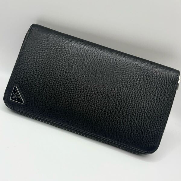 ①【現行品・icシリアルチップ内蔵】PRADA プラダ サイフ 長財布 サフィアーノレザー ブラック 黒 メンズ レディース 男女兼用