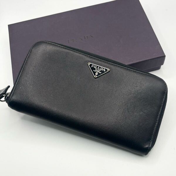 ①プラダ PRADA 財布 トライアングルロゴ サフィアーノレザー ブラック メンズ レディース