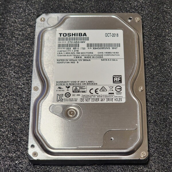 【送料無料】TOSHIBA DT01ABA100V 1000GB/1TB 3.5インチ内蔵HDD 2018年製 フォーマット済み 正常品 PCパーツ 動作確認済