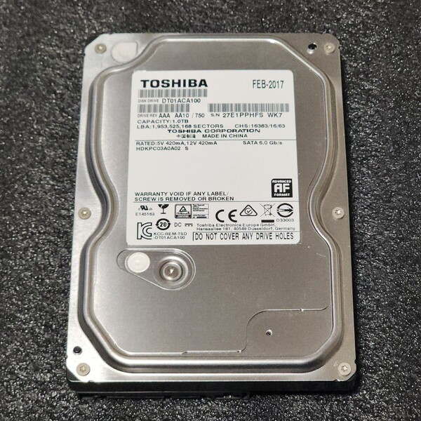 【送料無料】TOSHIBA DT01ACA100 1000GB/1TB 3.5インチ内蔵HDD 2017年製 フォーマット済み 正常品 PCパーツ 動作確認済