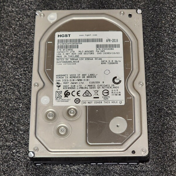 【送料無料】HGST HUS726020ALA610 2TB 3.5インチ内蔵HDD 2018年製 フォーマット済み 正常品 PCパーツ 動作確認済