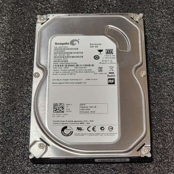 【送料無料】SEAGATE BARRACUDA ST500DM002-1BD142 500GB 3.5インチ内蔵HDD 2014年製 フォーマット済み 正常品 PCパーツ 動作確認済