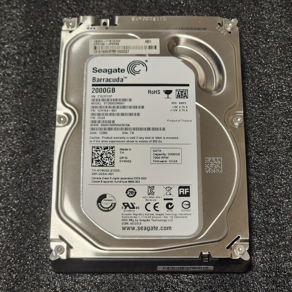 【送料無料】SEAGATE BARRACUDA ST2000DM001-1CH164 2TB 3.5インチ内蔵HDD 2013年製 フォーマット済み 正常品 PCパーツ 動作確認済