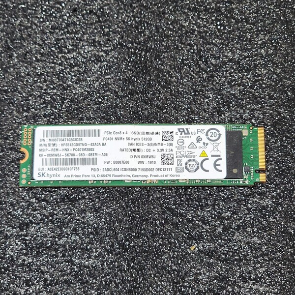 SK HYNIX PC401(HFS512GD9TNG-62A0A BA) 512GB NVMe SSD フォーマット済み PCパーツ M.2 2280 動作確認済み 480GB 500GB