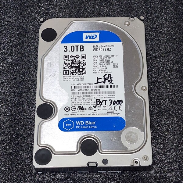【送料無料】WesternDigtal WD Blue WD30EZRZ-00GXCB0 3TB 3.5インチ内蔵HDD 2017年製 フォーマット済み 正常品 PCパーツ 動作確認済