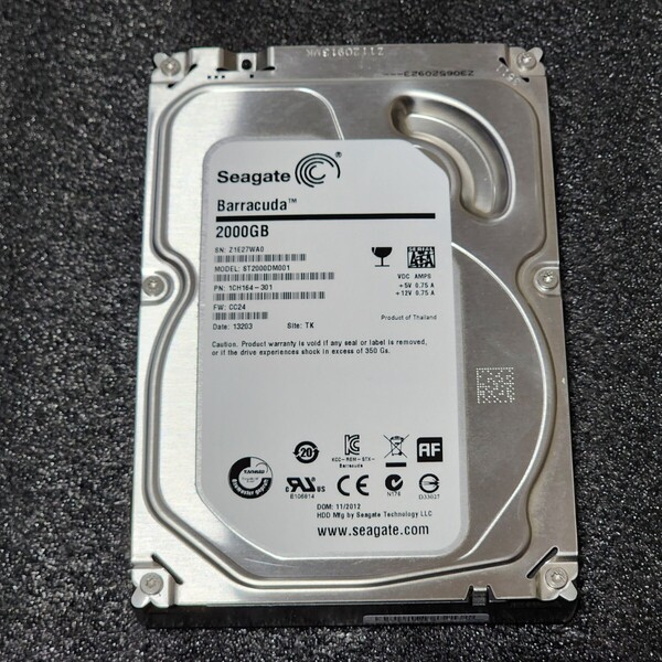 【送料無料】SEAGATE BARRACUDA ST2000DM001-1CH164 2TB 3.5インチ内蔵HDD 2012年製 フォーマット済み 正常品 PCパーツ 動作確認済