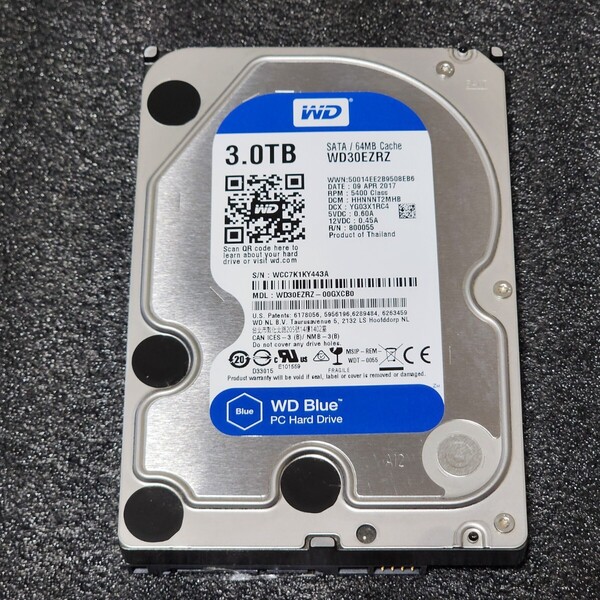 【送料無料】WesternDigtal WD Blue WD30EZRZ-00GXCB0 3TB 3.5インチ内蔵HDD 2017年製 フォーマット済み 正常品 PCパーツ 動作確認済