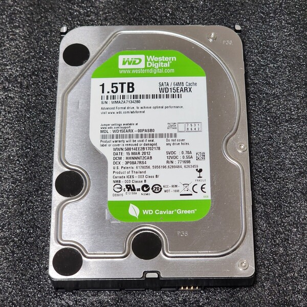 【送料無料】WesternDigtal WD Caviar Green WD15EARX-00PASB0 1.5TB 3.5インチ内蔵HDD 2012年製 フォーマット済み 正常品 動作確認済