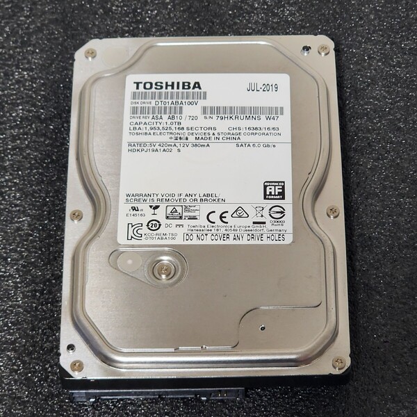 【送料無料】TOSHIBA DT01ABA100V 1000GB/1TB 3.5インチ内蔵HDD 2019年製 フォーマット済み 正常品 PCパーツ 動作確認済