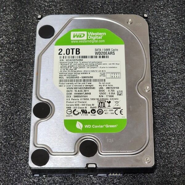 【送料無料】WesternDigtal WD Caviar Green WD20EARS-55MVWB0 2TB 3.5インチ内蔵HDD 2011年製 フォーマット済 正常品 PCパーツ 動作確認済