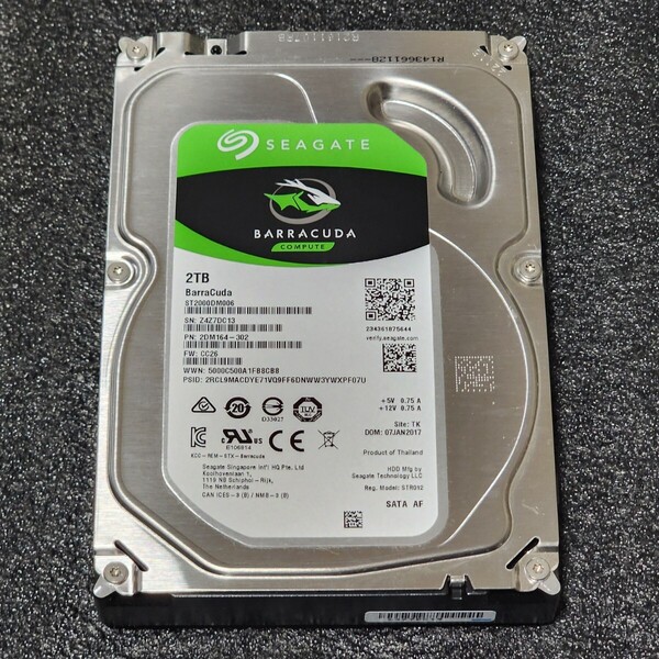 【送料無料】SEAGATE BARRACUDA ST2000DM006-2DM164 2TB 3.5インチ内蔵HDD 2017年製 フォーマット済み 正常品 PCパーツ 動作確認済