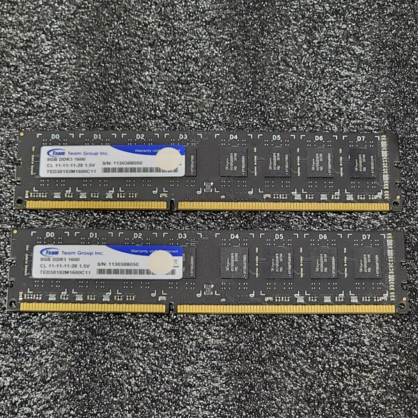 TEAMGROUP DDR3-1600MHz 16GB (8GB×2枚キット) TED38192M1600C11 動作確認済み デスクトップ用 PCメモリ