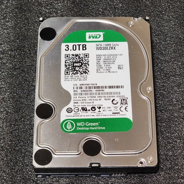 【送料無料】WesternDigtal WD Green WD30EZRX-19D8PB0 3TB 3.5インチ内蔵HDD 2013年製 フォーマット済み 正常品 PCパーツ 動作確認済