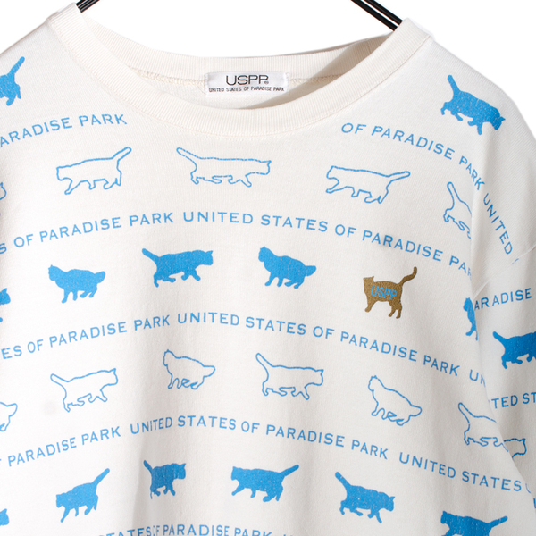 USPP ユーエスピーピー 長袖Tシャツ ロンT レディース Lサイズ ねこ cat 定番ネコ柄 オフホワイトxブルー コットン100%