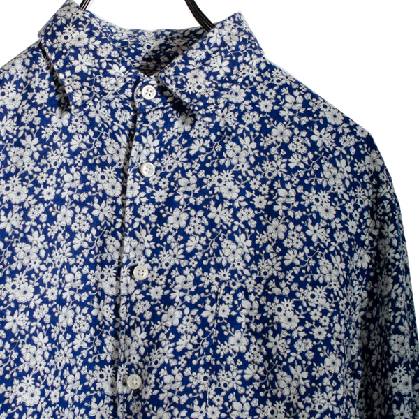 LIBERTY X UNIQLO ユニクロ×リバティロンドン 長袖シャツ メンズ Sサイズ 総柄 麻100% リネン 青X白 ブルーXホワイト 花柄 大人気