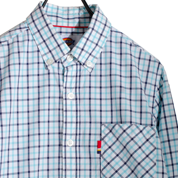 Dickies ディッキーズ 長袖シャツ チェックシャツ ワークシャツ メンズ Mサイズ 白x青x紺 肘あて付き 綿100% シンプル オーソドックス