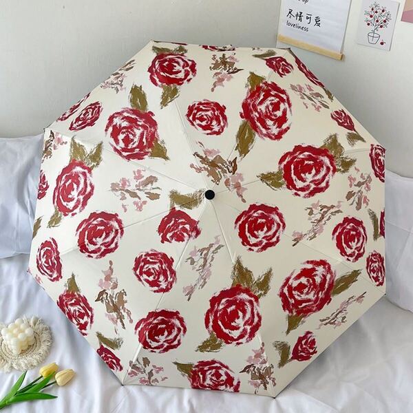 折りたたみ傘 日傘 雨傘 丈夫 UVカット 可愛い バラ柄 薔薇 花柄 丈夫 赤い 薔薇 晴雨兼用傘 収納ポーチ付き