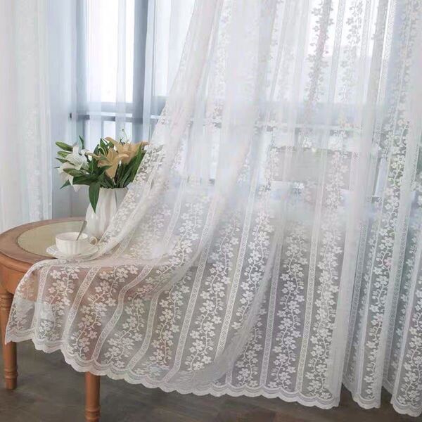 レースカーテン 刺繍 ホワイト 幅100cm 丈200cm 2枚セット 両開き 花柄 白 突っ張り棒タイプ 可愛い 目隠し