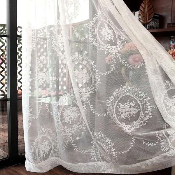 レースカーテン 刺繍 突っ張り棒タイプ 幅100cm丈200cm ホワイト 白 飾り お得 2枚入り 両開き 花柄 可愛い
