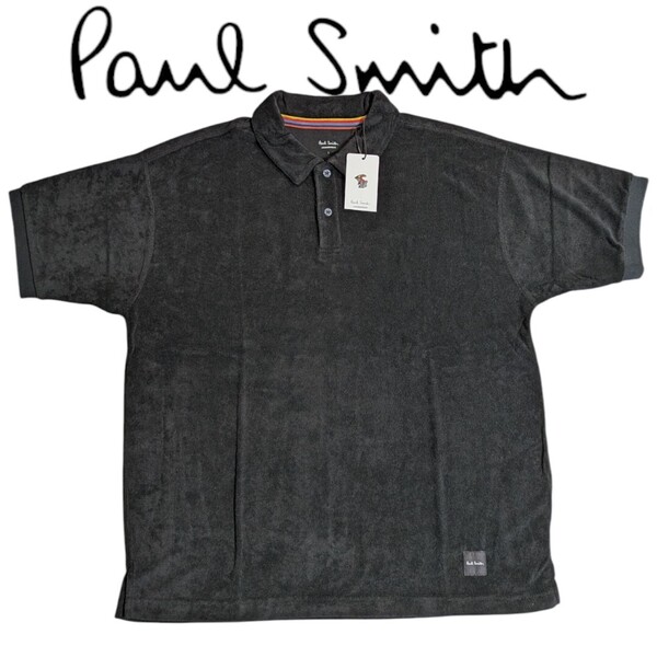 新品 ポールスミス Paul Smith 半袖 ポロシャツ M アーティストストライプ リッチパイル ラウンジウェア メンズ ブラック 夏